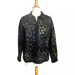 Vintage Bechamel Wool Cardigan Sweater Women L Zip Embroidered Beads Multicolor